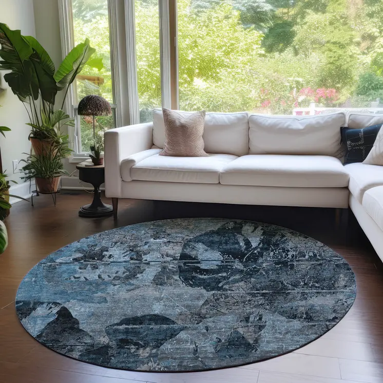 8' Round Blue and Dark Blue Round Floral Washable Non Skid Indoor Outdoor Area Rug