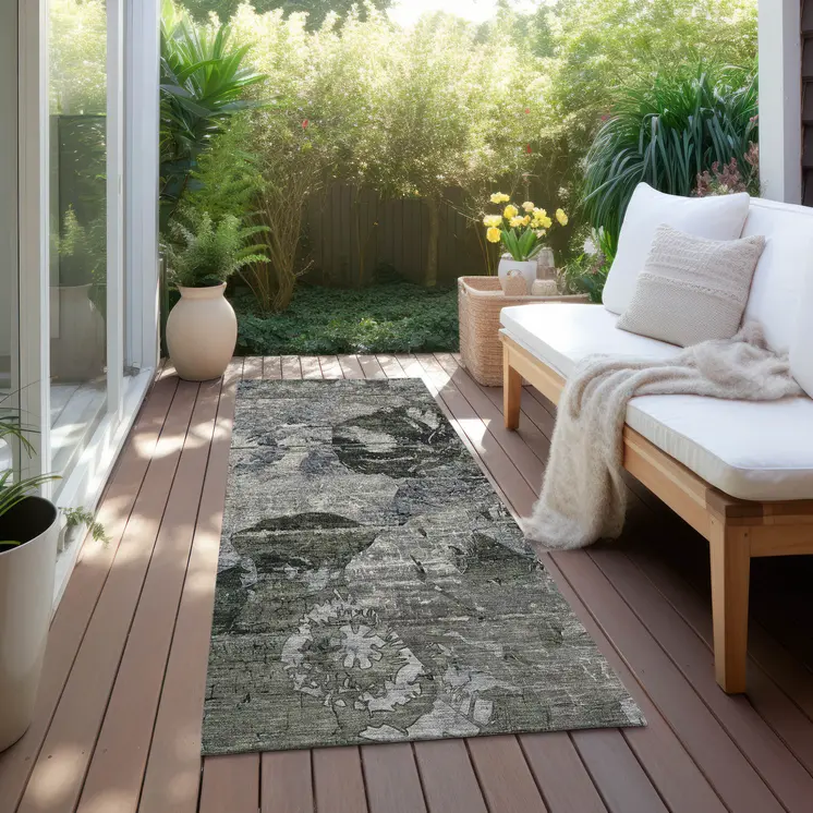 2' X 8' Gray Dark Green and Black Abstract Washable Indoor Outdoor Runner Rug