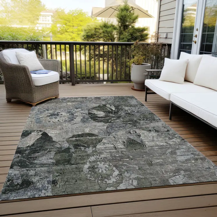 3' X 5' Gray Dark Green and Black Floral Washable Non Skid Indoor Outdoor Area Rug