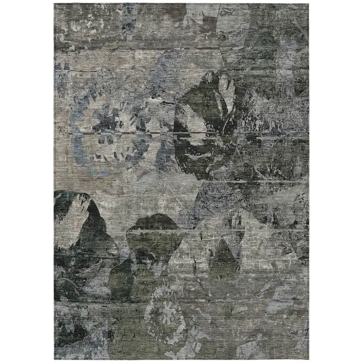 3' X 5' Gray Dark Green and Black Floral Washable Non Skid Indoor Outdoor Area Rug
