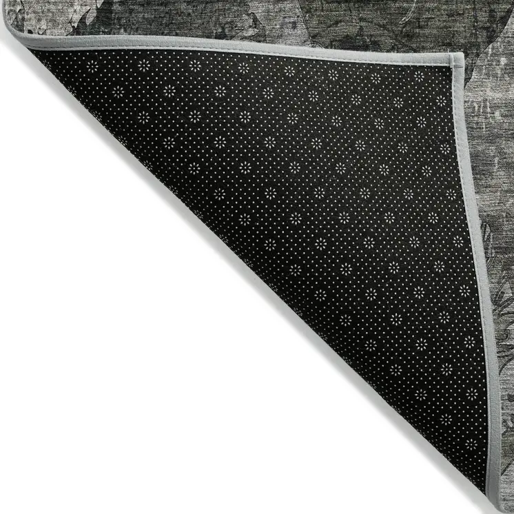 3' X 5' Gray Dark Green and Black Floral Washable Non Skid Indoor Outdoor Area Rug