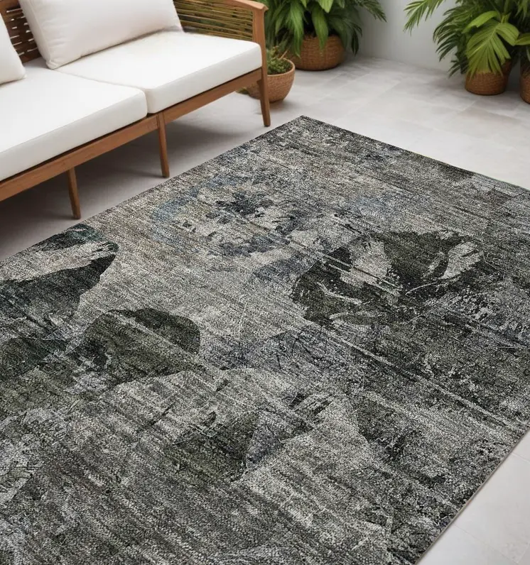5' X 8' Gray Dark Green and Black Floral Washable Non Skid Indoor Outdoor Area Rug