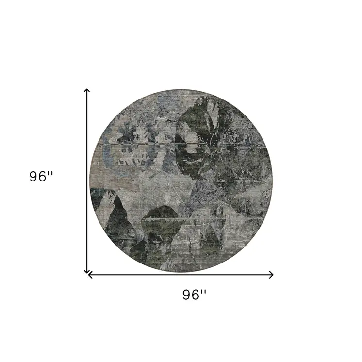 8' Gray Dark Green And Black Round Floral Washable Indoor Outdoor Area Rug