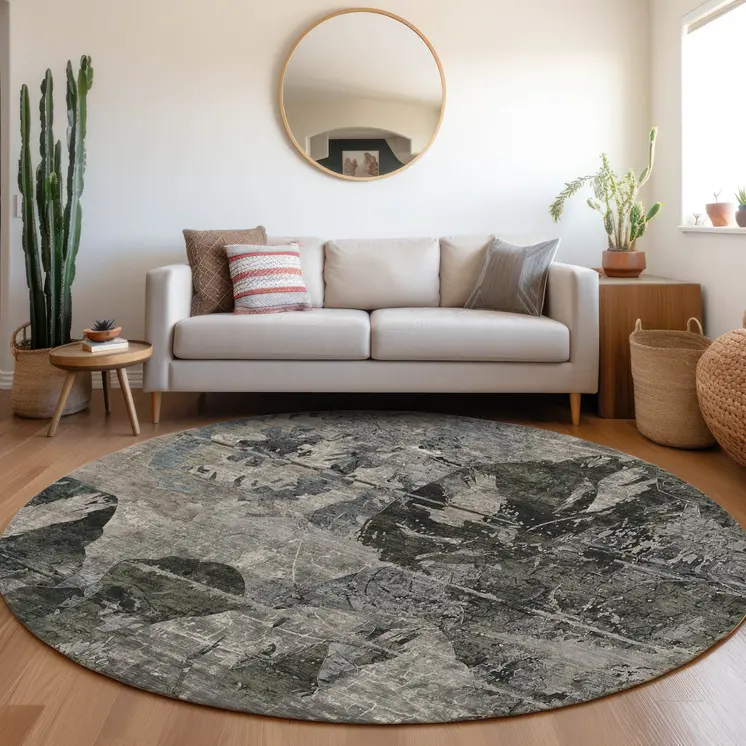 8' Gray Dark Green And Black Round Floral Washable Indoor Outdoor Area Rug