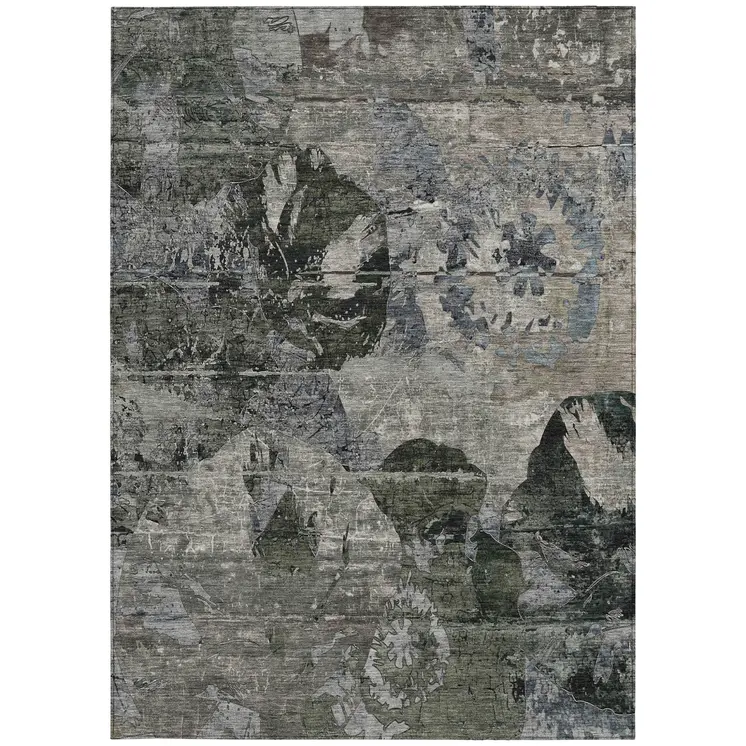 10' X 14' Gray Dark Green and Black Floral Washable Non Skid Indoor Outdoor Area Rug