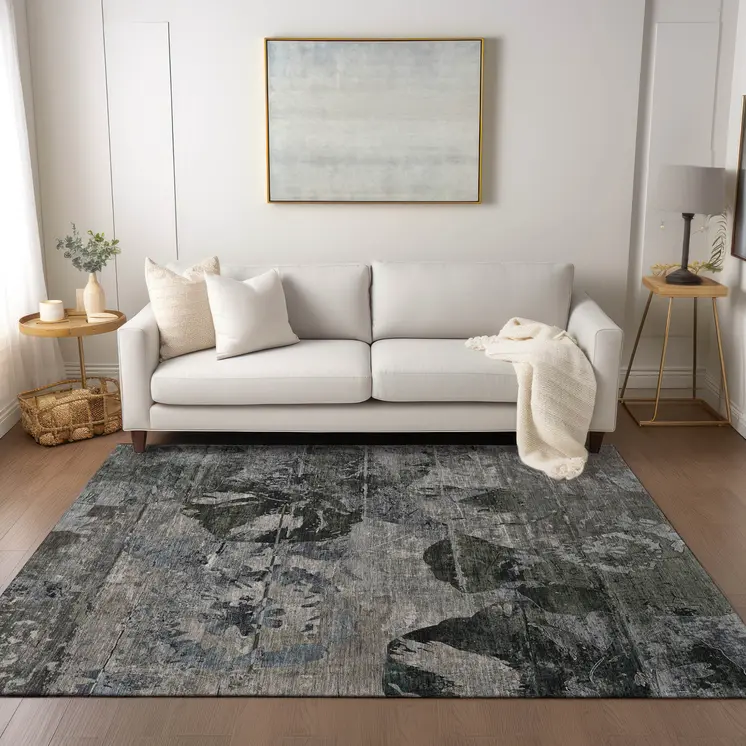 10' X 14' Gray Dark Green and Black Floral Washable Non Skid Indoor Outdoor Area Rug