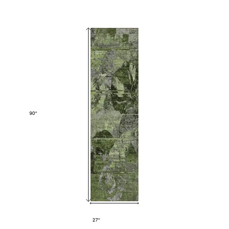 2' X 8' Green and Gray Abstract Washable Indoor Outdoor Runner Rug