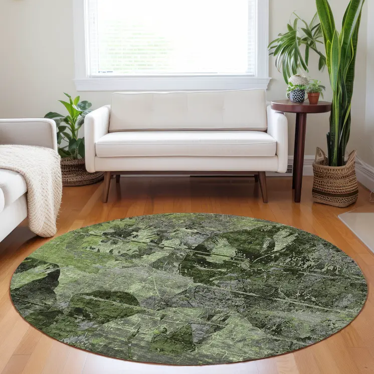 8' Round Green and Gray Round Floral Washable Non Skid Indoor Outdoor Area Rug