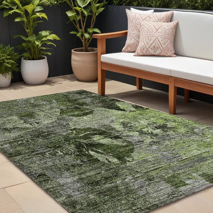 10' X 14' Green and Gray Floral Washable Non Skid Indoor Outdoor Area Rug