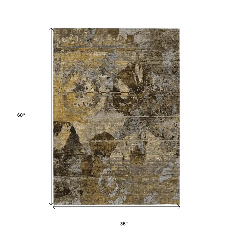 3' X 5' Brown Terracotta and Gray Floral Washable Non Skid Indoor Outdoor Area Rug