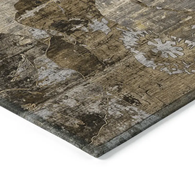 3' X 5' Brown Terracotta and Gray Floral Washable Non Skid Indoor Outdoor Area Rug