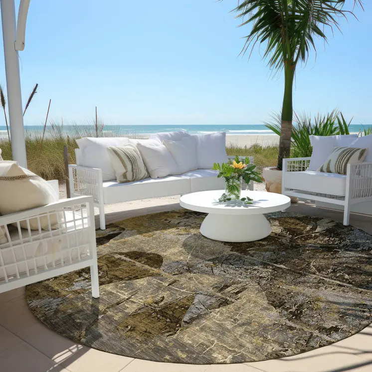 8' Round Brown Terracotta and Gray Round Floral Washable Non Skid Indoor Outdoor Area Rug