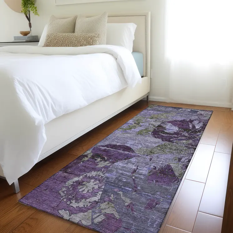 2' X 8' Purple and Green Abstract Washable Indoor Outdoor Runner Rug