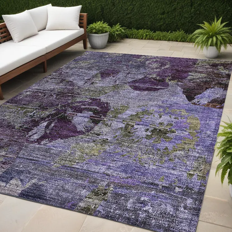 5' X 8' Purple and Green Floral Washable Non Skid Indoor Outdoor Area Rug