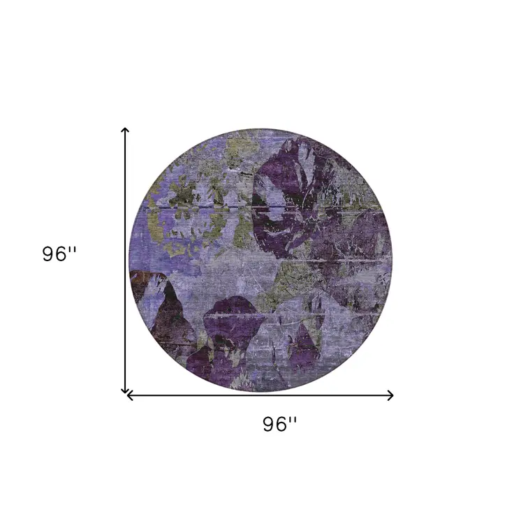 8' Round Purple and Green Round Floral Washable Non Skid Indoor Outdoor Area Rug