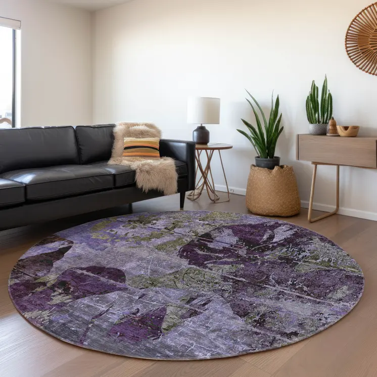 8' Round Purple and Green Round Floral Washable Non Skid Indoor Outdoor Area Rug