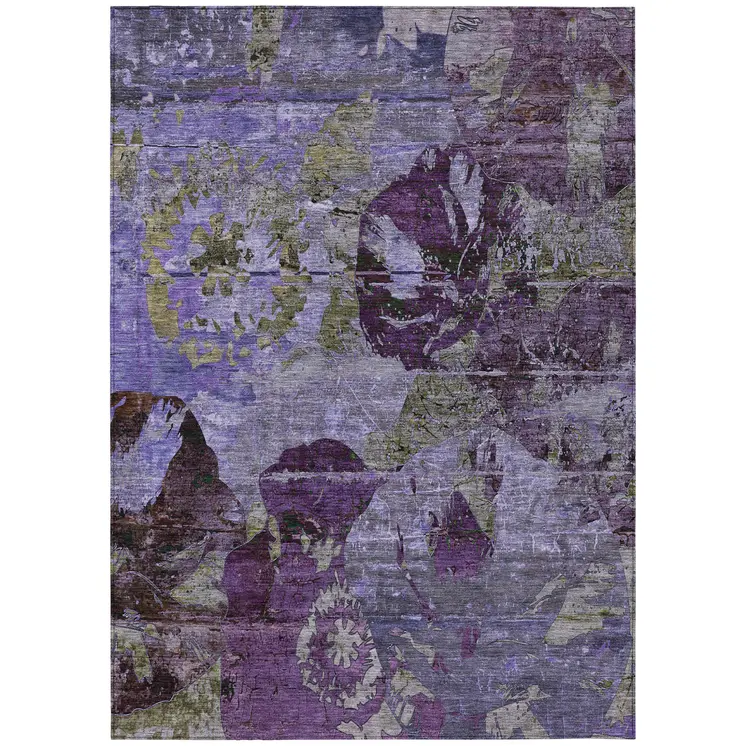 10' X 14' Purple and Green Floral Washable Non Skid Indoor Outdoor Area Rug