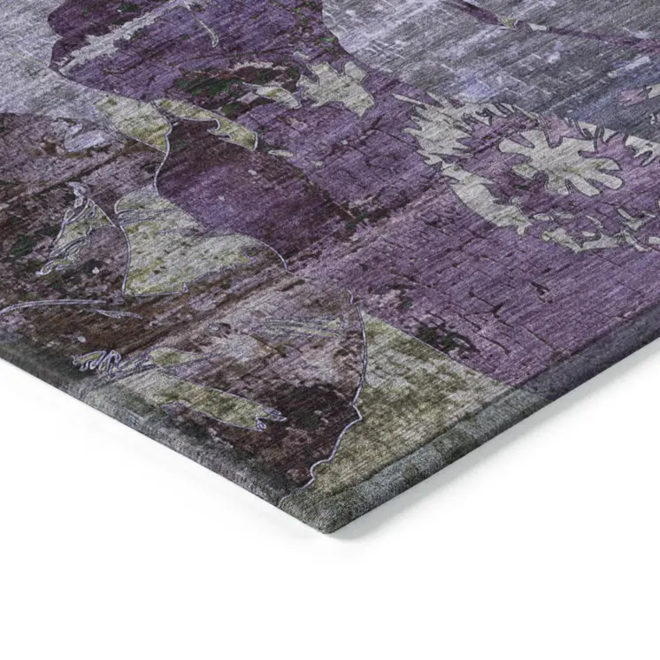 10' X 14' Purple and Green Floral Washable Non Skid Indoor Outdoor Area Rug