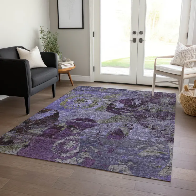10' X 14' Purple and Green Floral Washable Non Skid Indoor Outdoor Area Rug