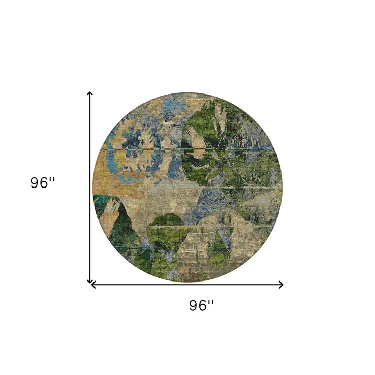 8' Round Taupe Blue and Green Round Floral Washable Non Skid Indoor Outdoor Area Rug