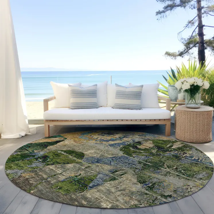 8' Round Taupe Blue and Green Round Floral Washable Non Skid Indoor Outdoor Area Rug
