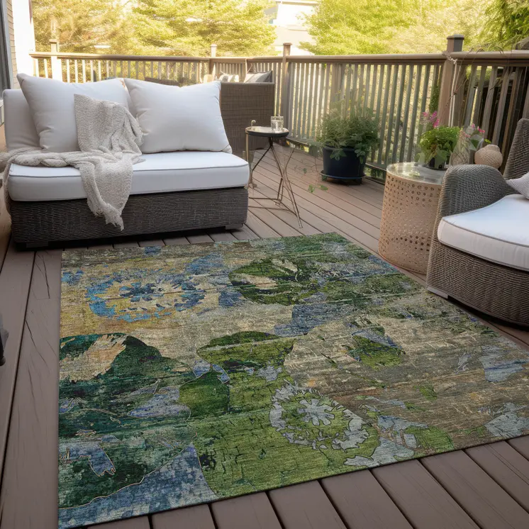 8' X 10' Taupe Blue and Green Floral Washable Non Skid Indoor Outdoor Area Rug