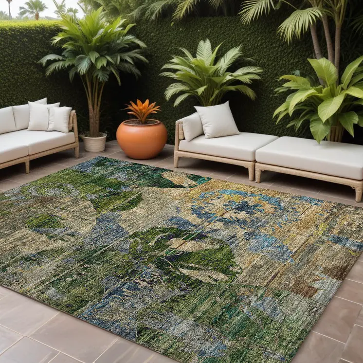 10' X 14' Taupe Blue And Green Floral Washable Indoor Outdoor Area Rug