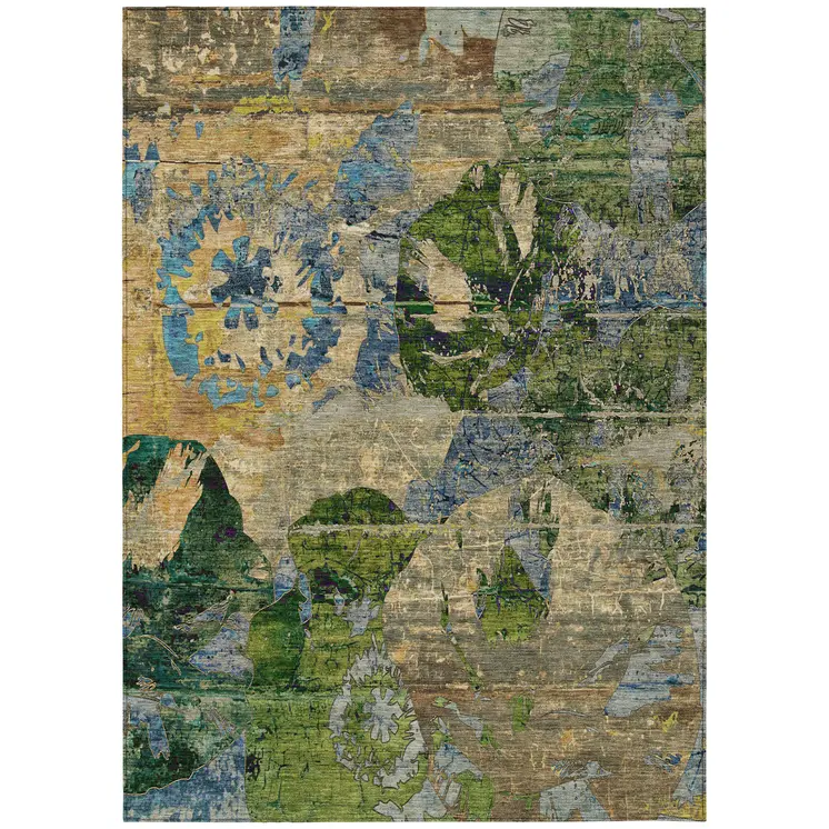 10' X 14' Taupe Blue And Green Floral Washable Indoor Outdoor Area Rug