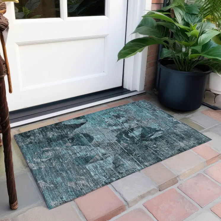 2' X 3' Teal and Gray Floral Washable Non Skid Indoor Outdoor Area Rug