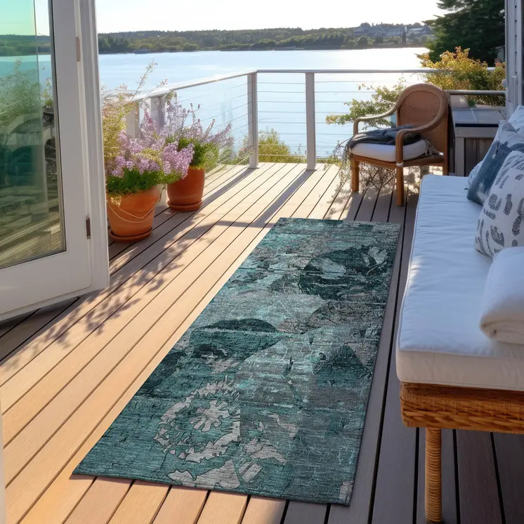 2' X 8' Teal and Gray Abstract Washable Indoor Outdoor Runner Rug