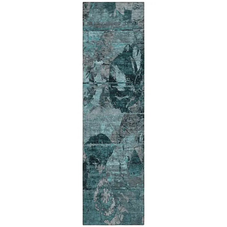 2' X 8' Teal and Gray Abstract Washable Indoor Outdoor Runner Rug