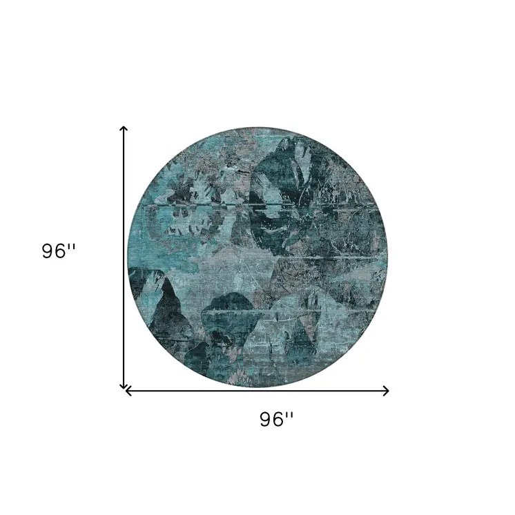 8' Round Teal and Gray Round Floral Washable Non Skid Indoor Outdoor Area Rug
