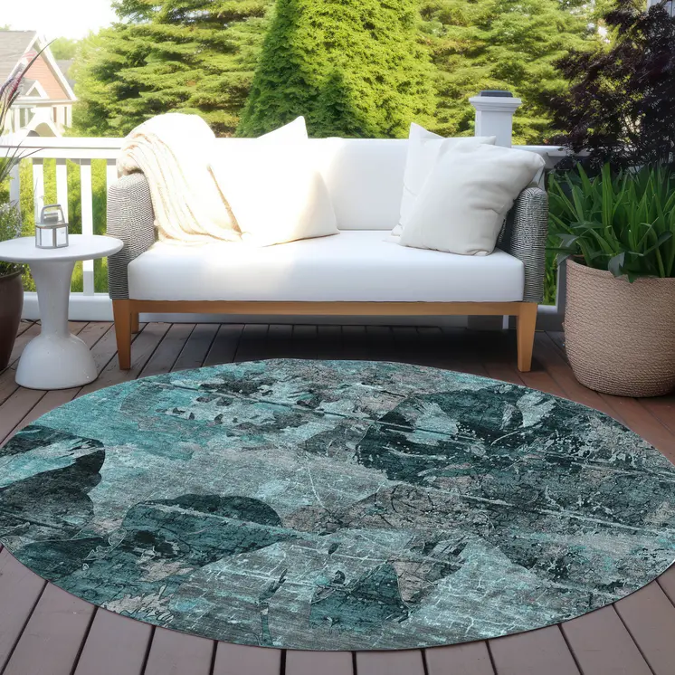 8' Round Teal and Gray Round Floral Washable Non Skid Indoor Outdoor Area Rug
