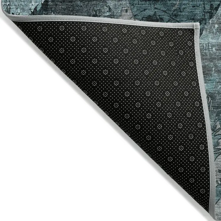 10' X 14' Teal and Gray Floral Washable Non Skid Indoor Outdoor Area Rug