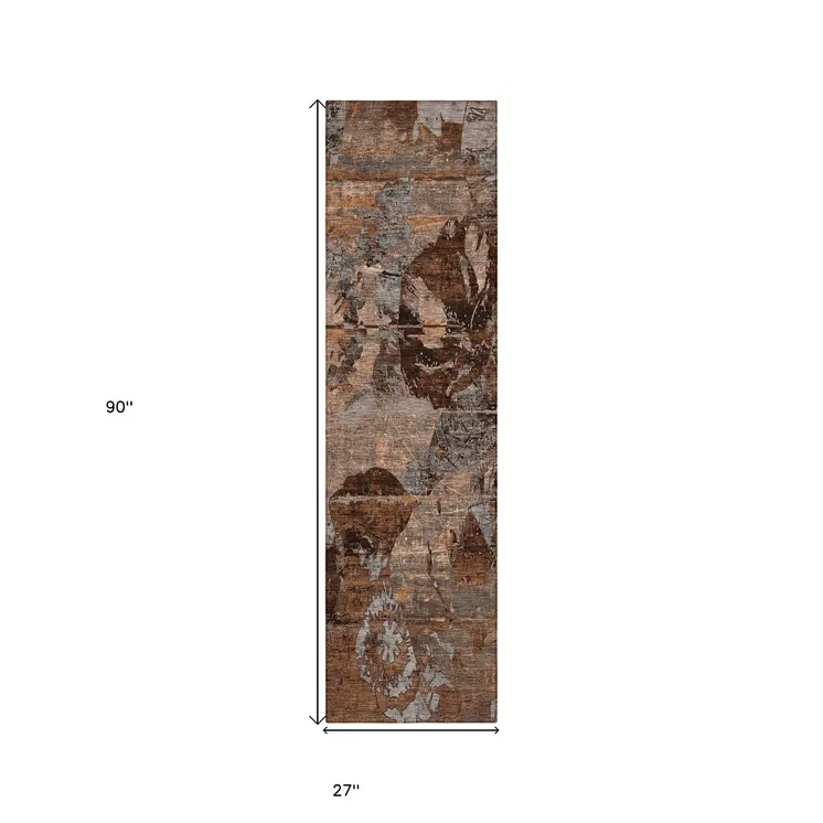 2' X 8' Brown Terracotta and Gray Abstract Washable Indoor Outdoor Runner Rug