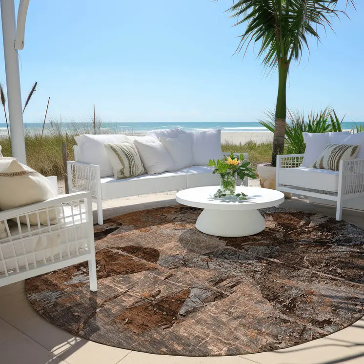 8' Round Brown Terracotta and Gray Round Floral Washable Non Skid Indoor Outdoor Area Rug