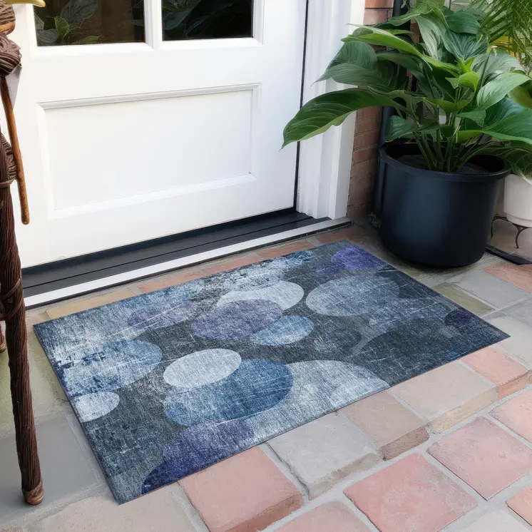 2' X 3' Gray and Blue Abstract Washable Non Skid Indoor Outdoor Area Rug