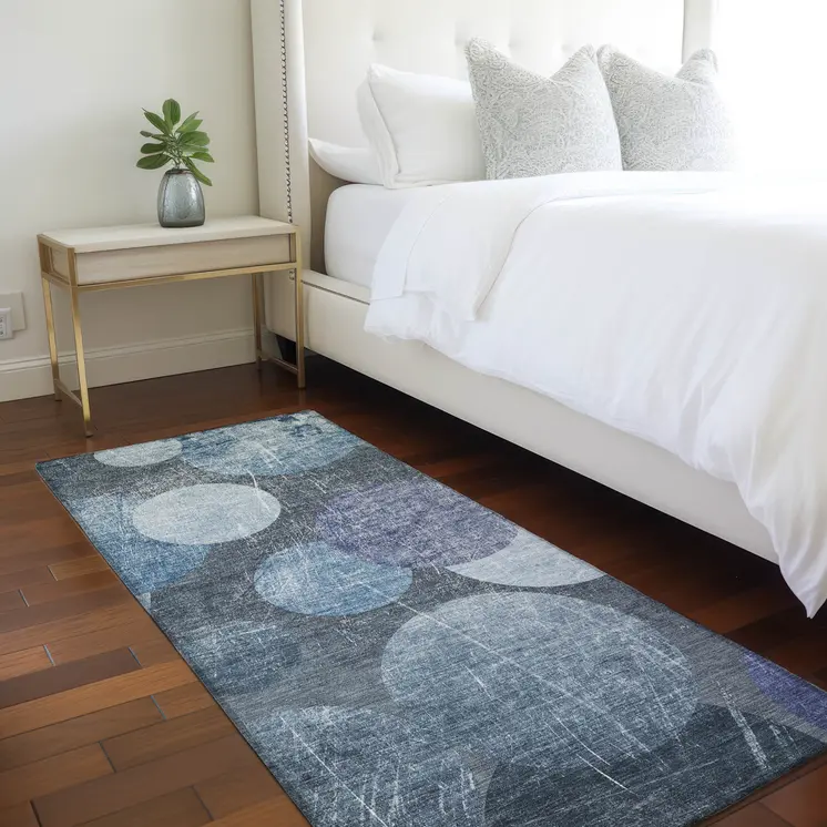 8' Gray And Blue Abstract Washable Indoor Outdoor Runner Rug