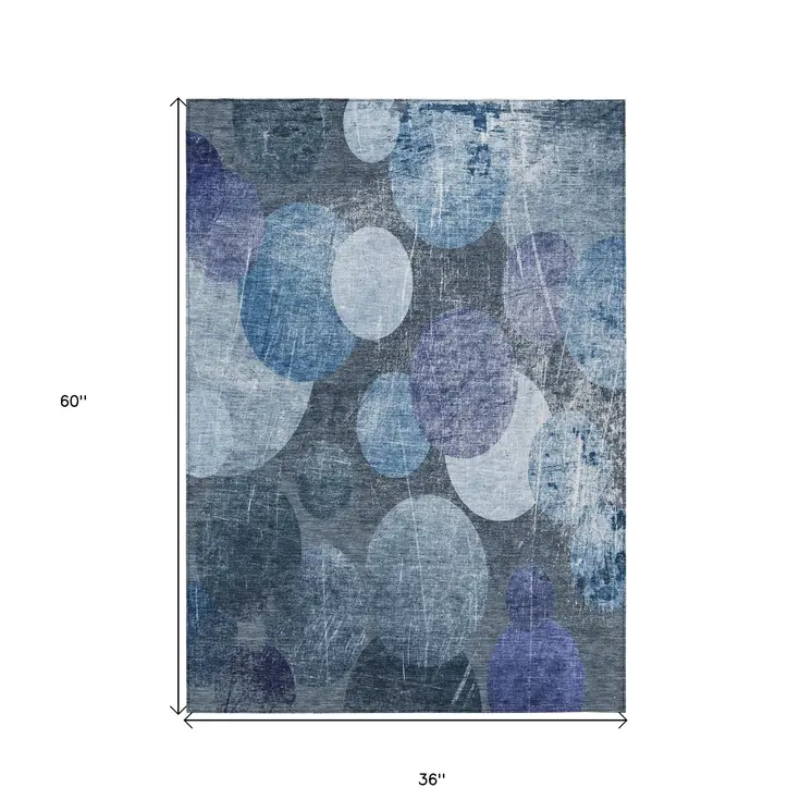 3' X 5' Gray and Blue Abstract Washable Non Skid Indoor Outdoor Area Rug