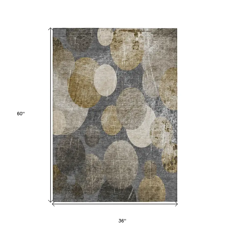 3' X 5' Brown Beige and Ivory Abstract Washable Non Skid Indoor Outdoor Area Rug
