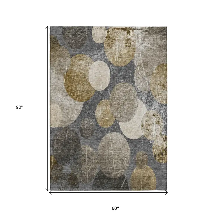 5' X 8' Brown Beige and Ivory Abstract Washable Non Skid Indoor Outdoor Area Rug