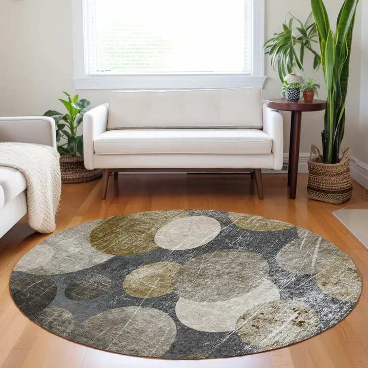 8' X 8' Brown Beige and Ivory Round Abstract Washable Non Skid Indoor Outdoor Area Rug