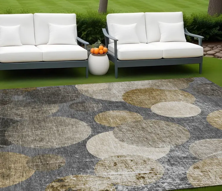 9' X 12' Brown Beige And Ivory Abstract Washable Indoor Outdoor Area Rug