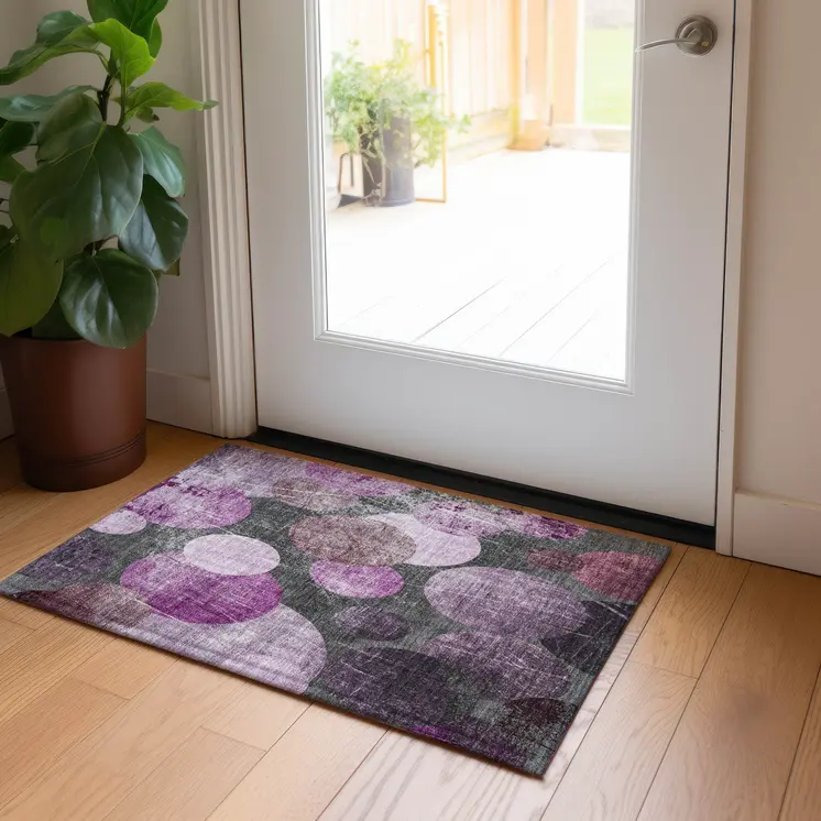 2' X 3' Gray and Purple Abstract Washable Non Skid Indoor Outdoor Area Rug