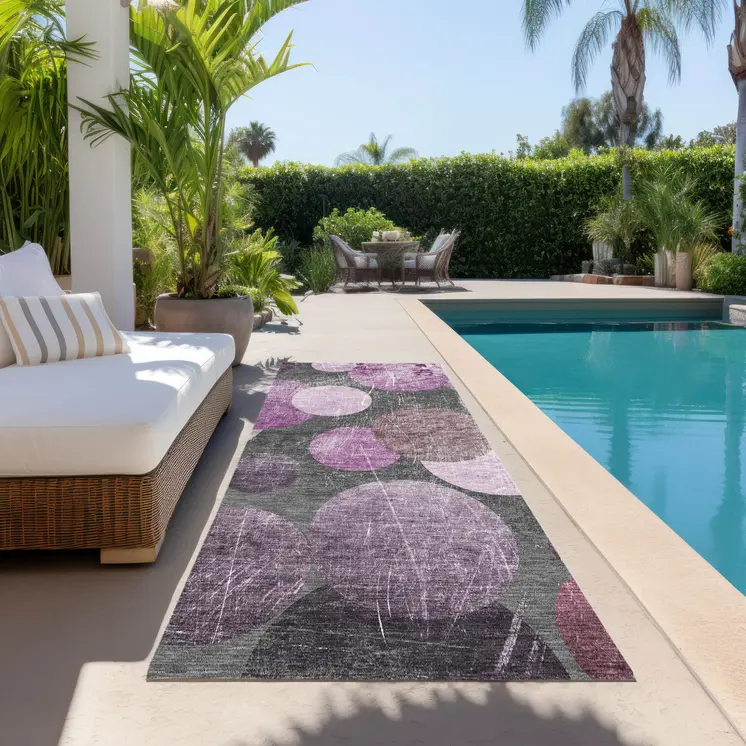 2' X 8' Gray and Purple Abstract Washable Non Skid Indoor Outdoor Runner Rug