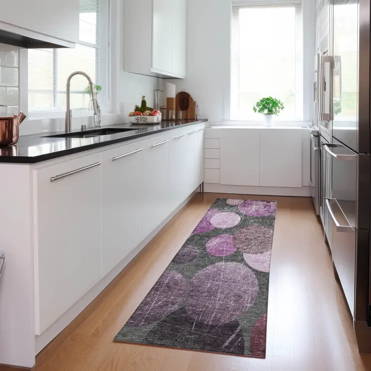 2' X 8' Gray and Purple Abstract Washable Non Skid Indoor Outdoor Runner Rug