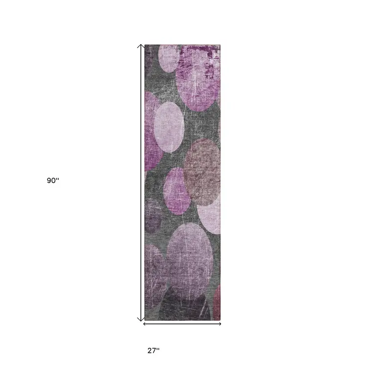 2' X 8' Gray and Purple Abstract Washable Non Skid Indoor Outdoor Runner Rug
