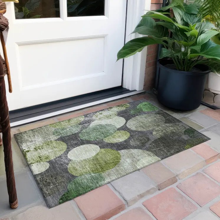 2' X 3' Green and Gray Abstract Washable Non Skid Indoor Outdoor Area Rug