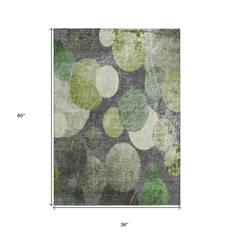3' X 5' Green and Gray Abstract Washable Non Skid Indoor Outdoor Area Rug