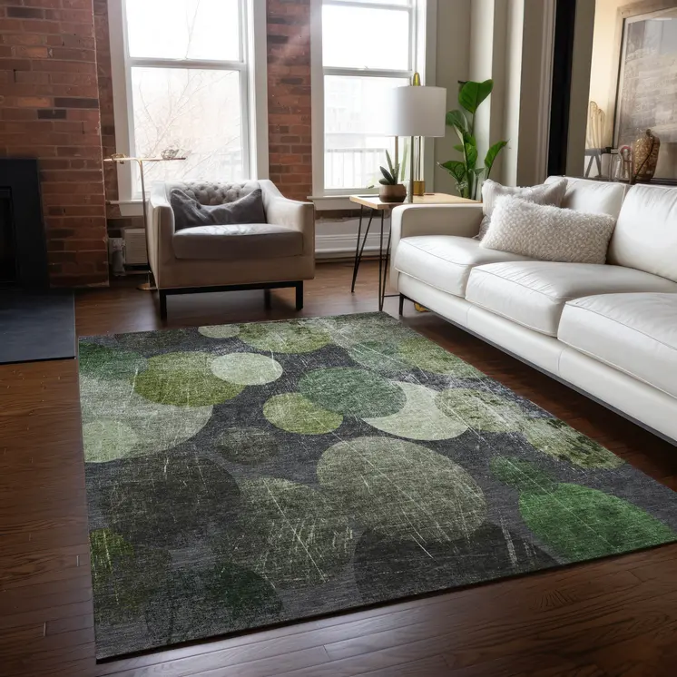 3' X 5' Green and Gray Abstract Washable Non Skid Indoor Outdoor Area Rug
